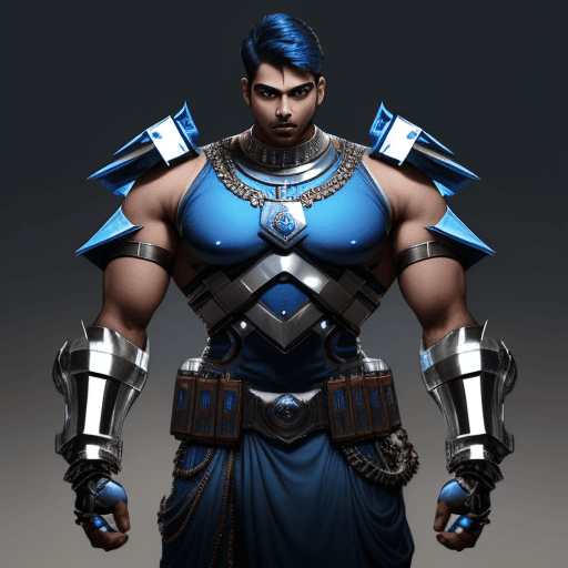 AI generated:  indian male age 26, broad shouldered, very muscular, 2 meters tall , chrome metal  robot arms,  blu...