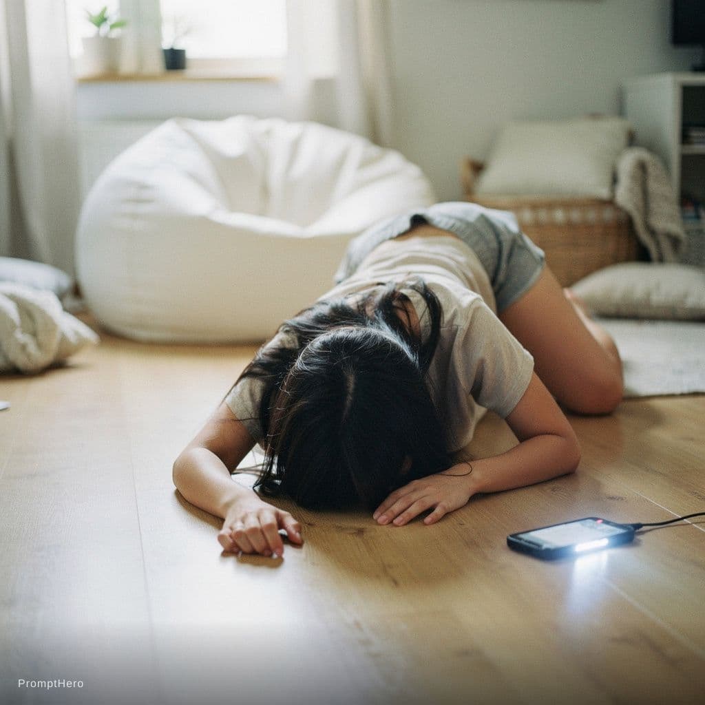 AI generated: A bright lit, cozy bedroom scene at day, featuring a young person with long dark hair lying sprawled...