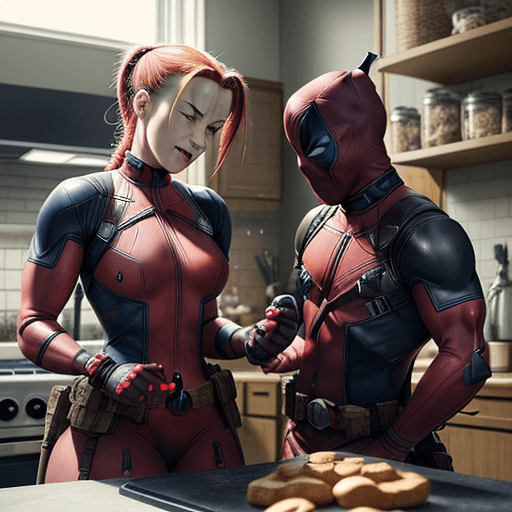 AI generated: Create a detailed image illustration depicting Cammy from Street Fighter and her husband Deadpool in...