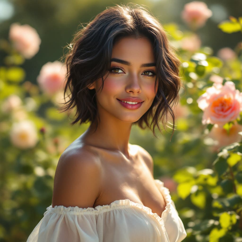 AI generated: A photorealistic portrait of a beautiful woman with light brown skin and dark, wavy short black hair...