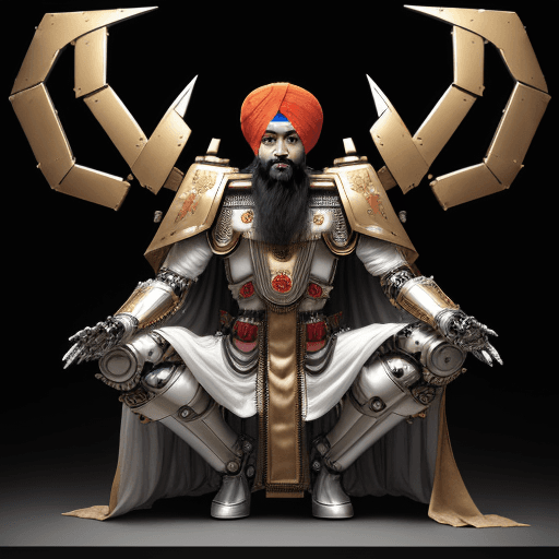 AI generated: 1800s a sikh king, wearing turban and Japanese mecha exoskeleton gundam suit warhammer; long heavy c...