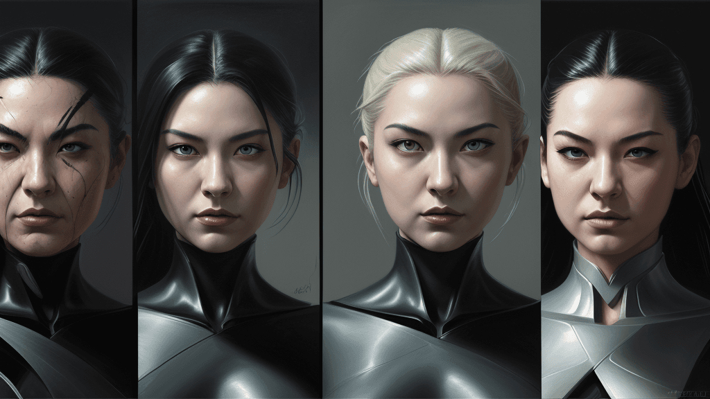 AI generated: 3 horizontal panels, Hero and Villain couple, Yin and Yang, expressive, detailed face, oil painting,...