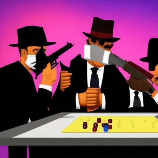 AI generated: mafia, Table, gun, Citizen, Mafia verbal analysis face-to-face game, The mask and night phase of the...