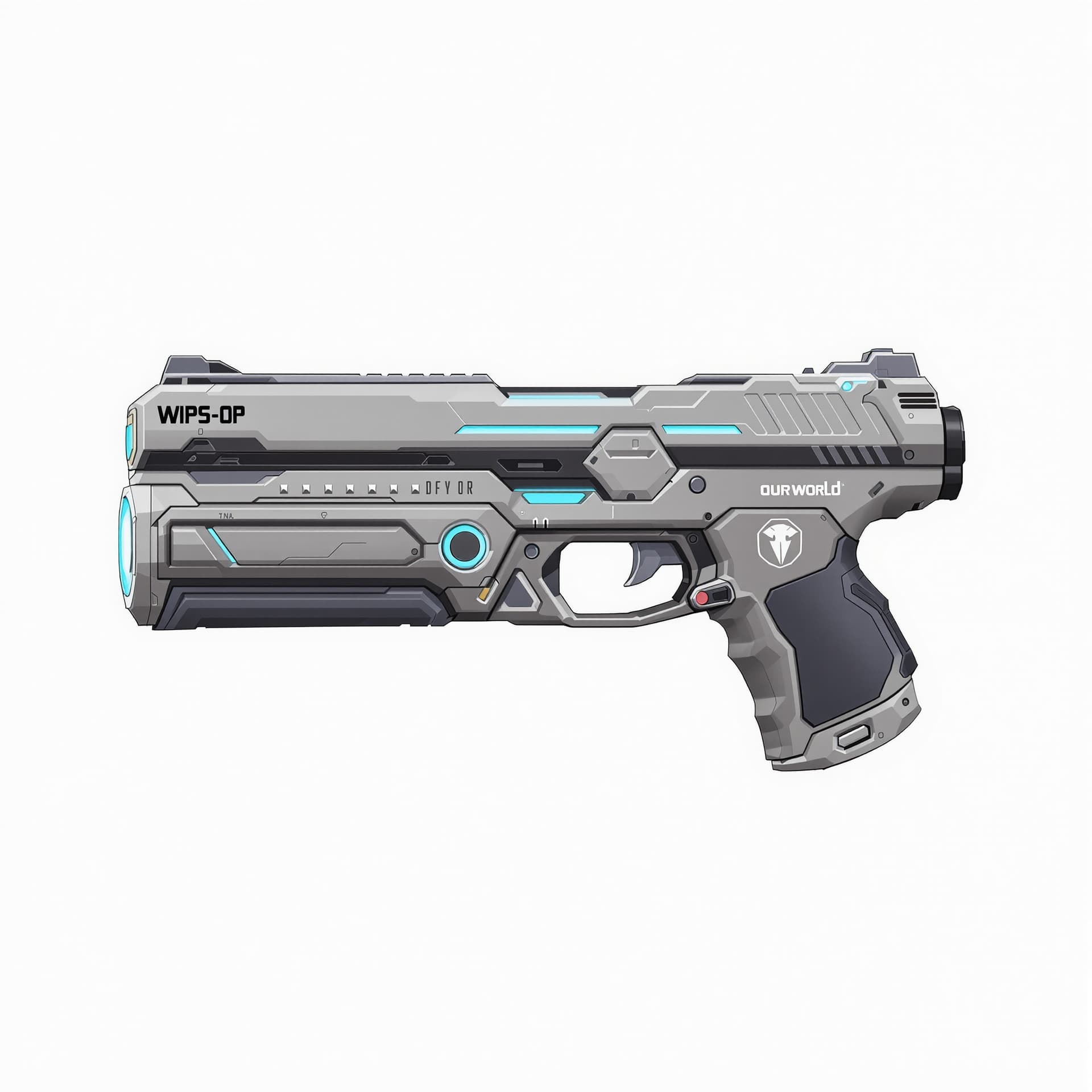 AI generated: Design a chunky, clearly fictional Wisp Pistol for Our’World: Long, bulky, broad muzzle, soft rubber...