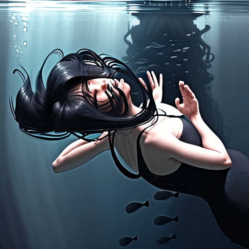 AI generated: same but facing upward, her hairs are covering her face,
there is a movement impression of her falli...