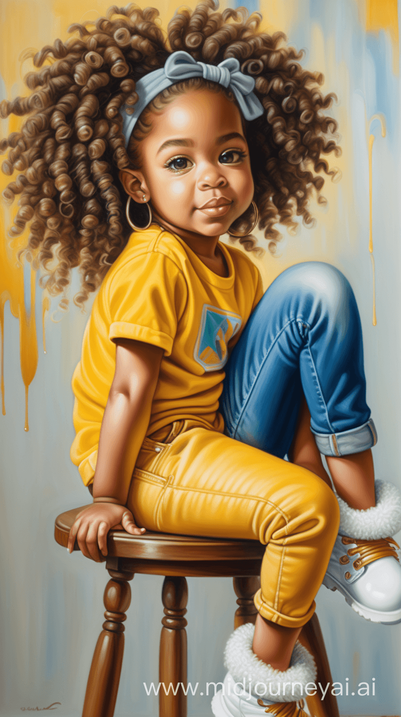 AI generated: oil painting African American babygirl with bounce curly locs sitting on the table wearing a yellow ...