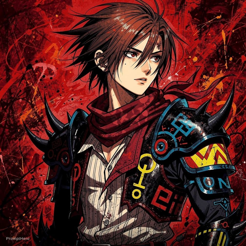 AI generated: The Rebellion meets abstract expressionism, close up shot of free-spirited boy  manga style, in vibr...