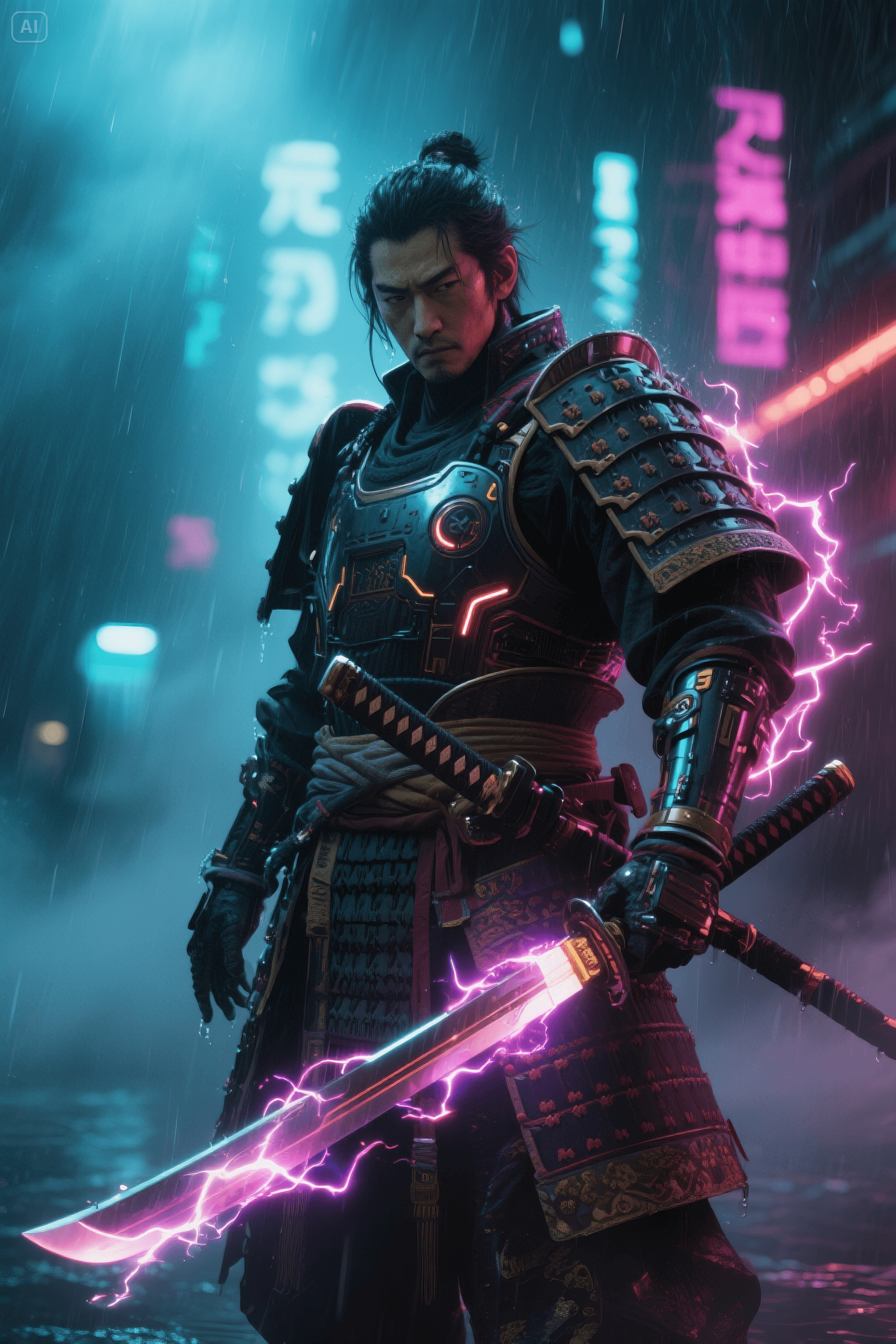 AI generated: A cyberpunk samurai warrior, blending 12th-century armor with futuristic tech, in the styles of Yoji...