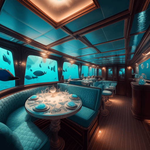 AI generated: luxury underwater boat, aquamarine environment, restaurant in the boat; 8k, intricate detail, photor...