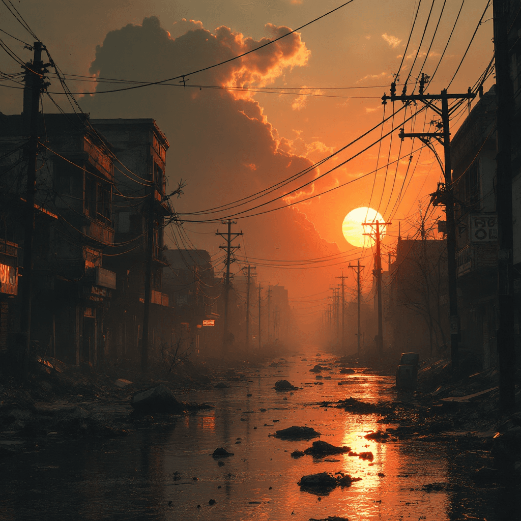 AI generated: RAW hyper-realistic photo, post-apocalyptic urban street at sunset. A large sunset and a slight red ...