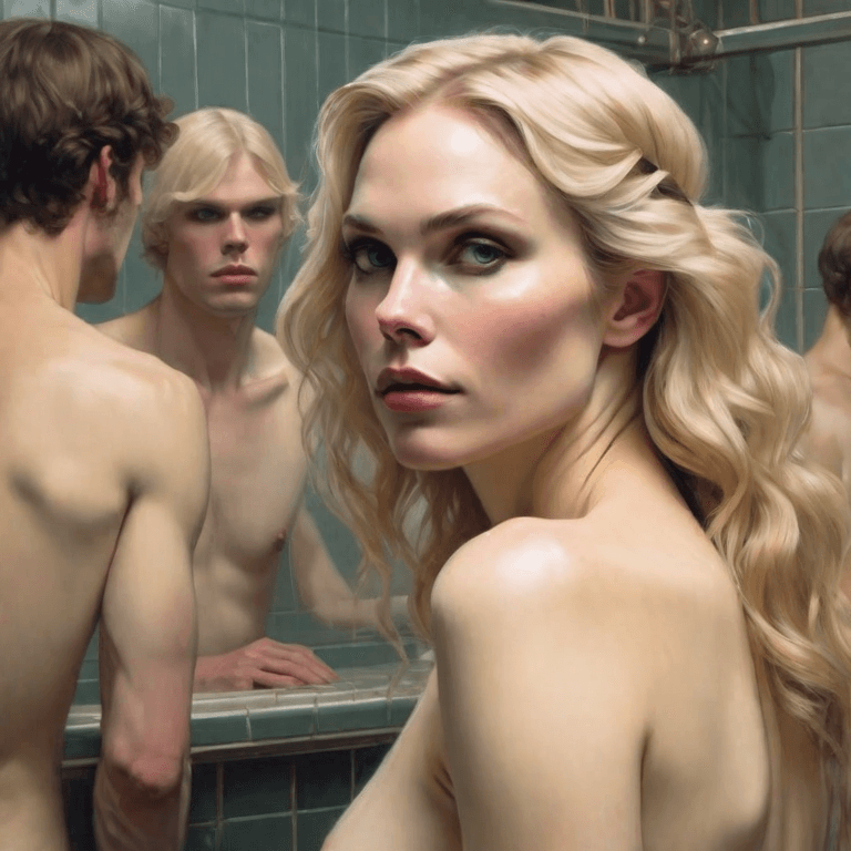 AI generated: Beautiful Swedish blonde visiting the men's showers.