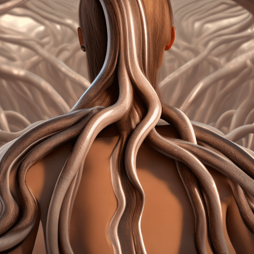 AI generated: photorealism 3d render iron tentacles peek out from behind the girl facing us