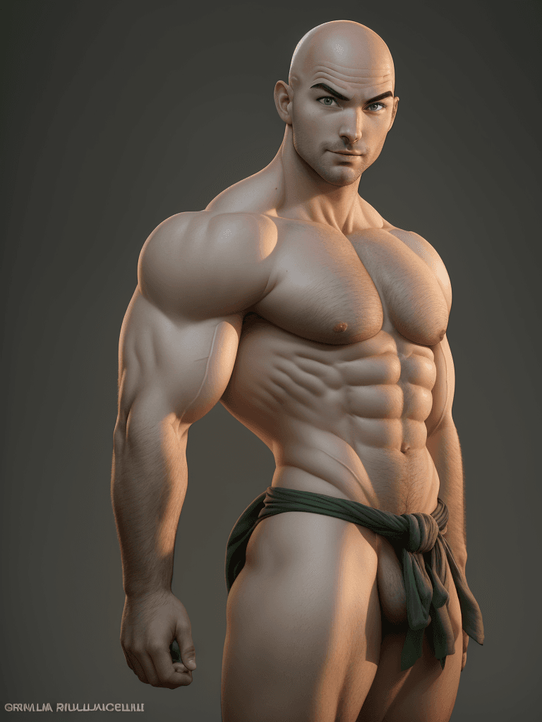 AI generated: Krillin, caucasian complexion, big muscles and big thighs, bald, he doesn't have nose, he has short ...