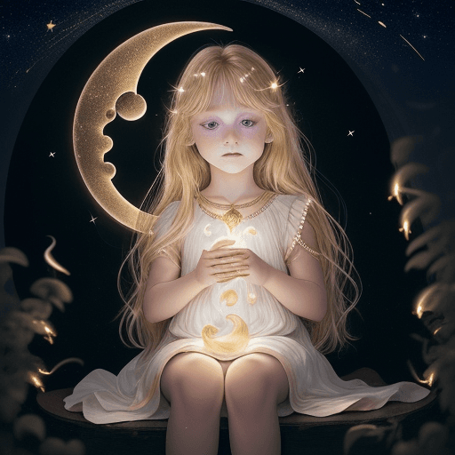 AI generated:  A stunning golden-haired child sitting on top of a crescent moon, at night, moonlight, the sky is f...