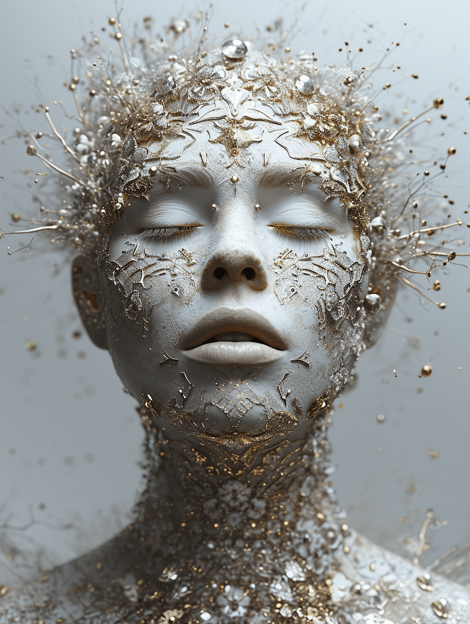AI generated: portrait of woman inspired by gustav klimt, futuristic, front view, symetry, diamonds jewellery arou...
