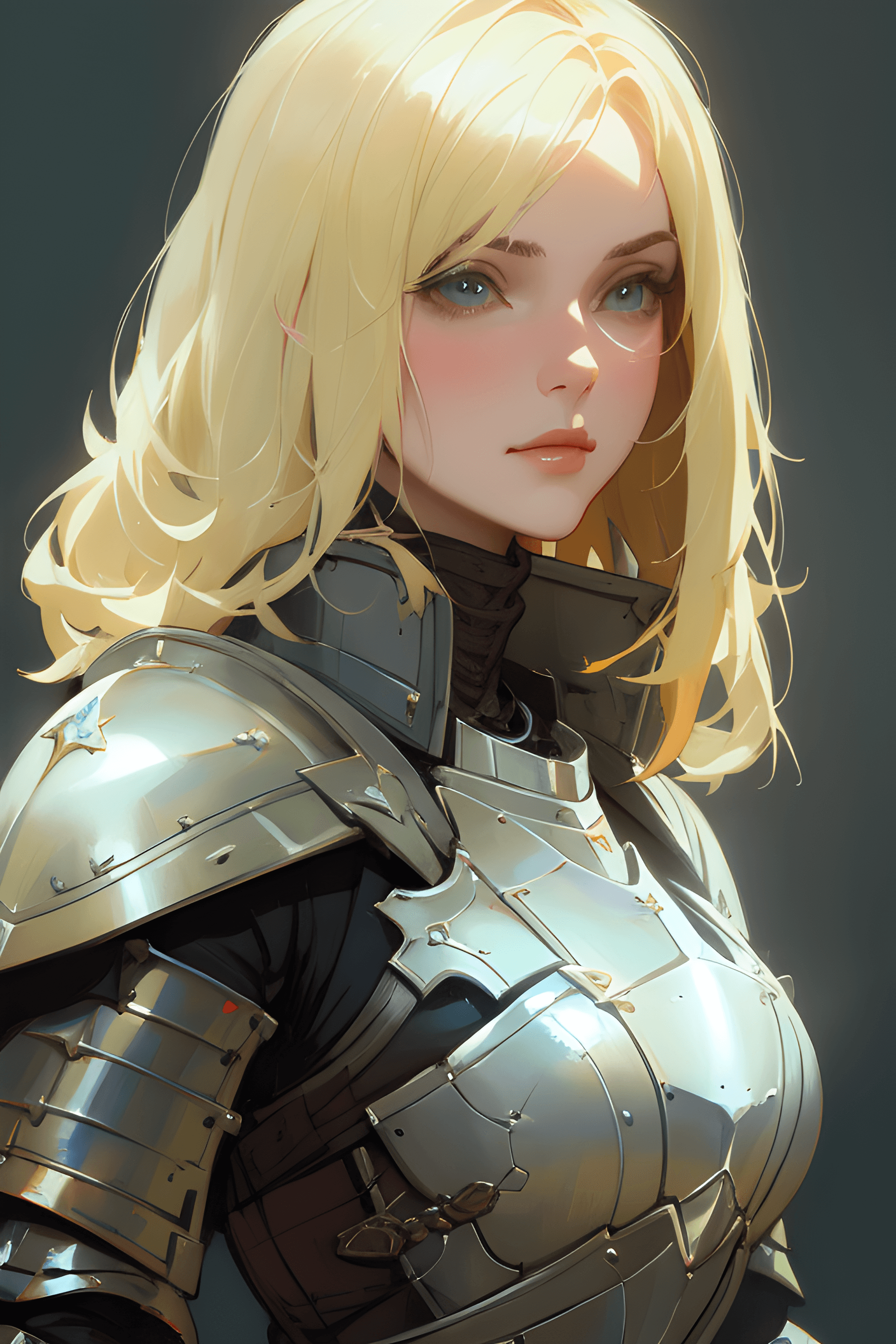 AI generated: a woman in armor poses for a picture, a character portrait, inspired by Raymond Swanland, blonde wom...