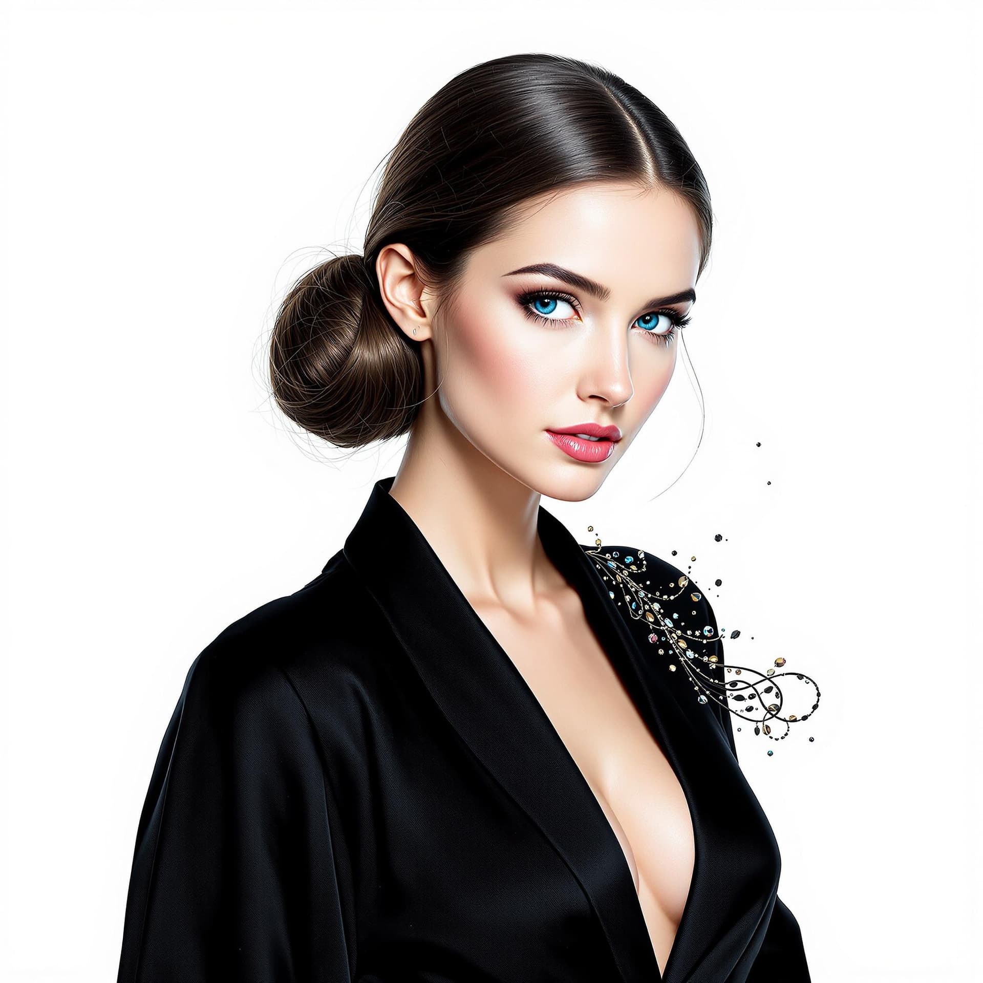 AI generated: Une image d'une belle femme à la peau claire et aux yeux bleus perçants. Ses cheveux sont coiffés en...