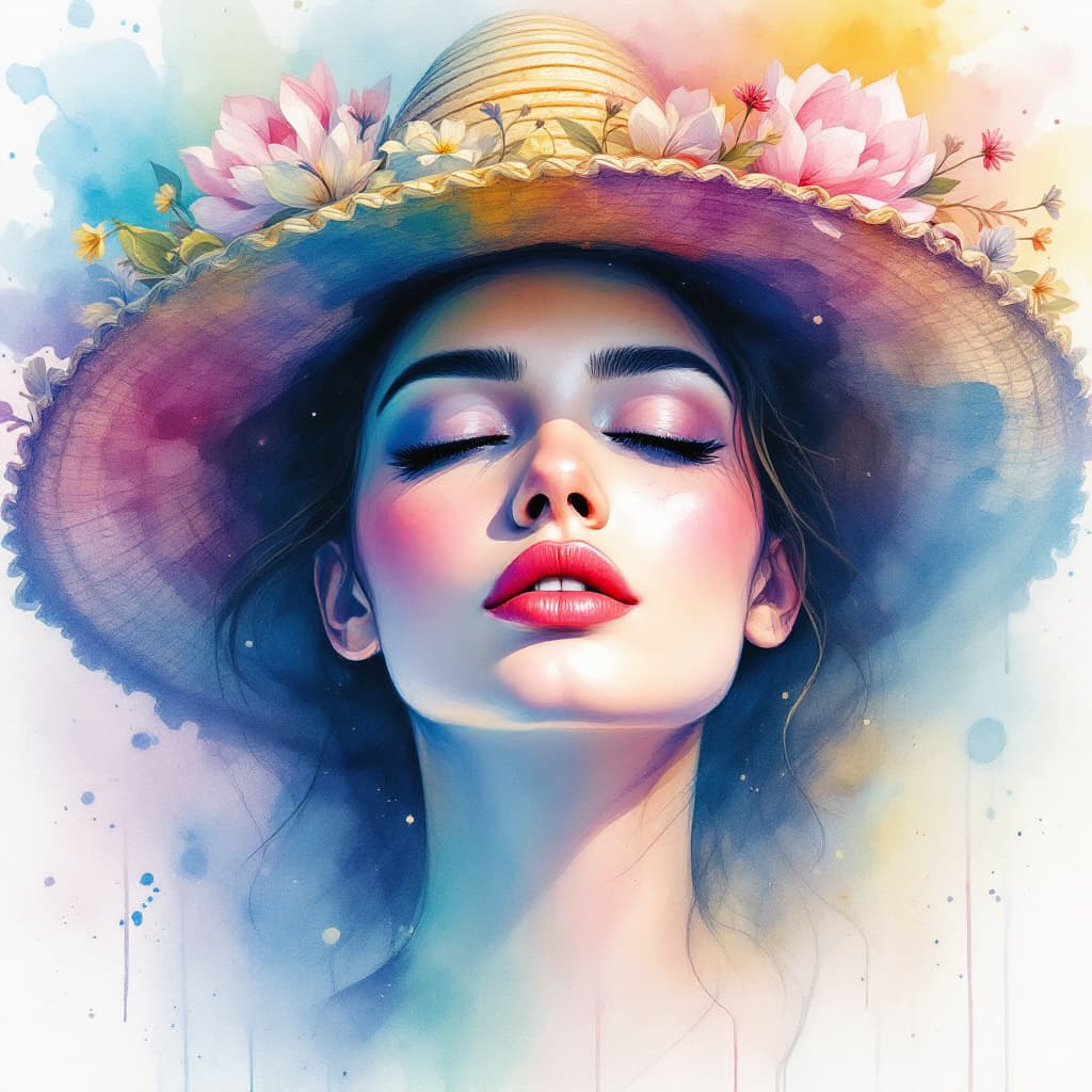 AI generated: Watercolor painting of a woman with closed eyes, wearing a wide-brimmed sombrero adorned with flower...