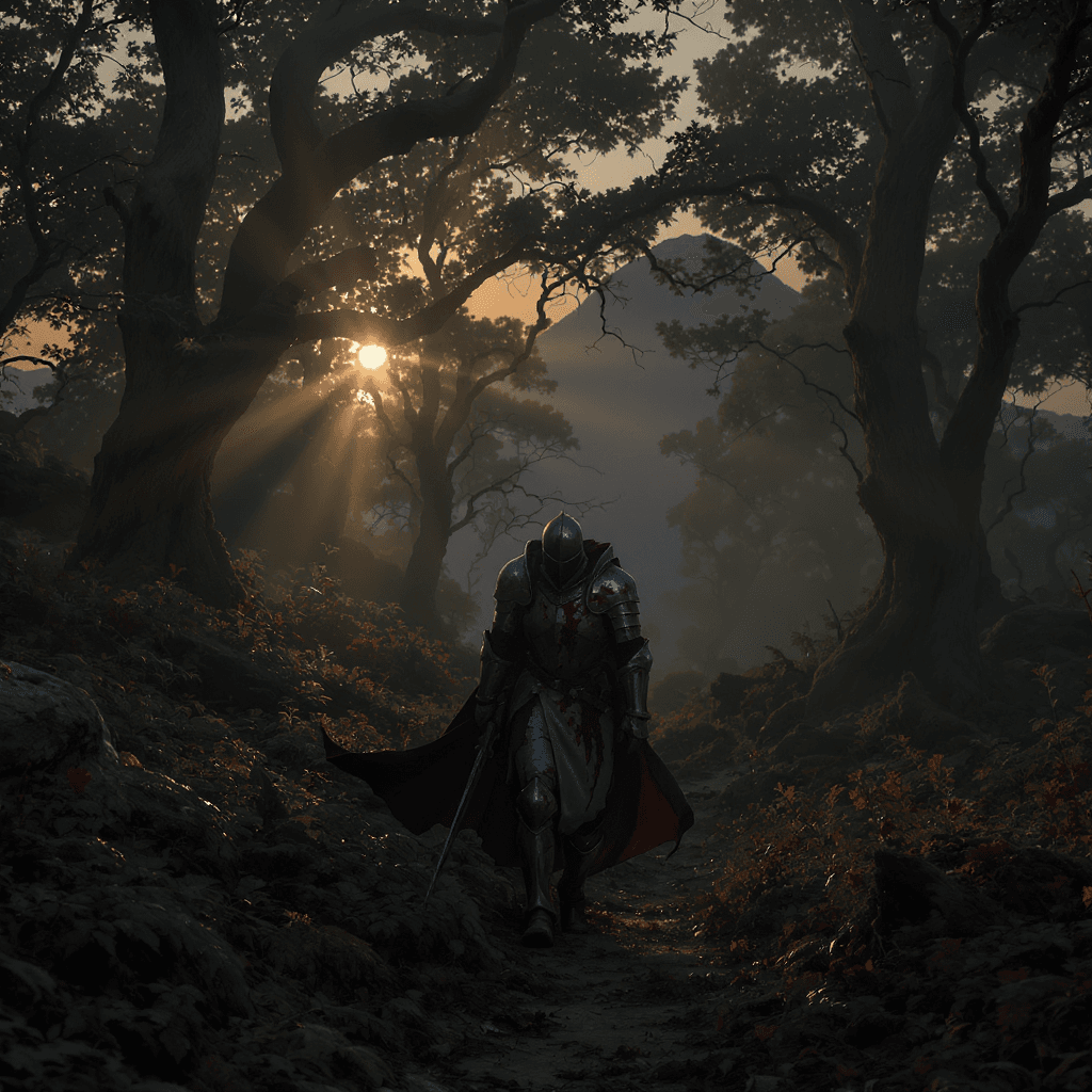 AI generated: A medieval knight, Sir Kaelen, wearing damaged and bloody armor, limps through a dense fantasy fores...