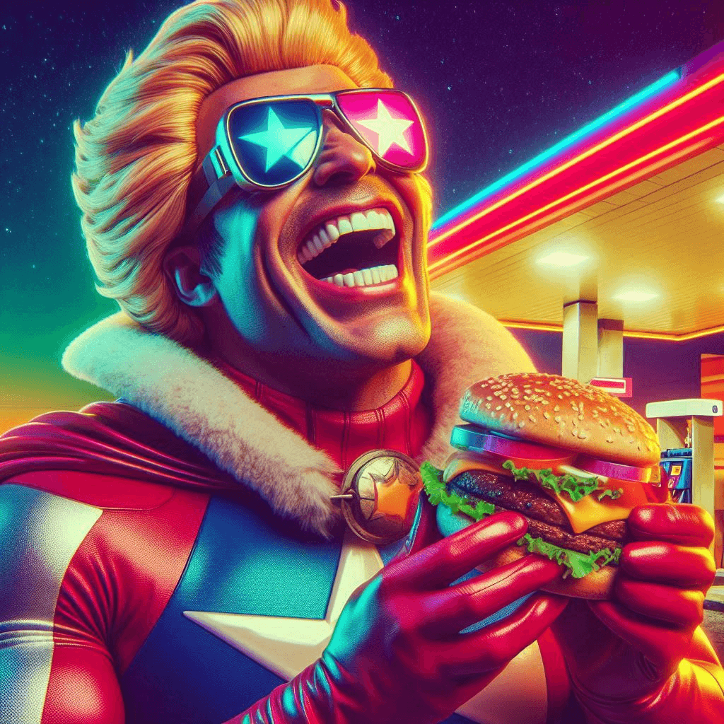 AI generated: Cheesy psychedelic disco photo of an angry laughing heroic fast food character eating a hamburger at...