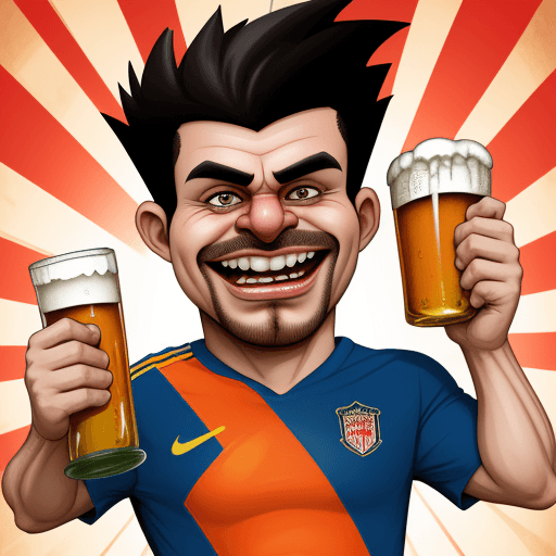 AI generated: a caricature that illustrates a strong soccer Fan, who hold a beer in his hand
