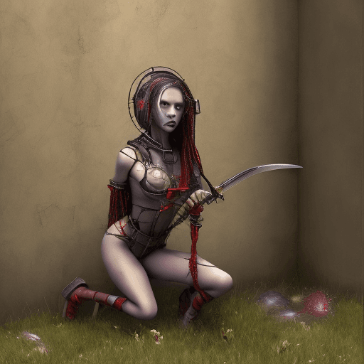 AI generated: a girl kneels down behind a wall holding a sword, in the style of cybergoth, red threads, midwest go...