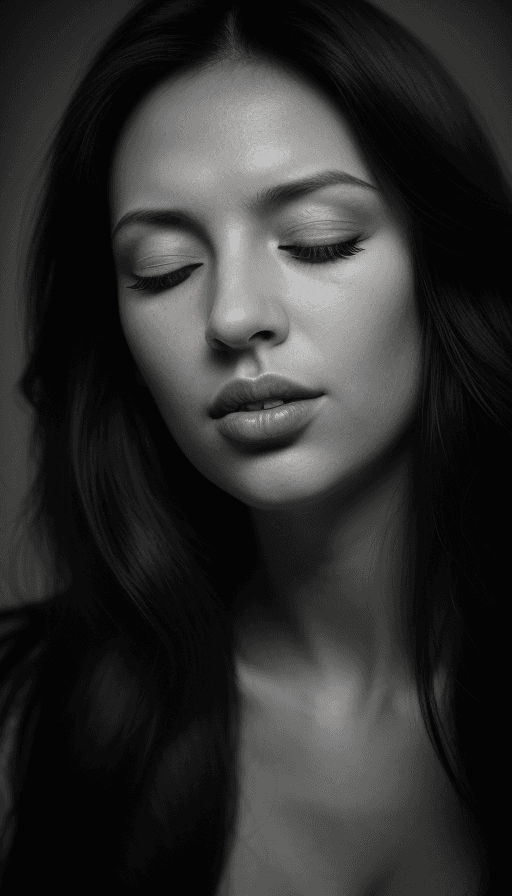 AI generated: Black and White, an striking portrait of a woman, long dark hair, soft gradient of natural light, hi...