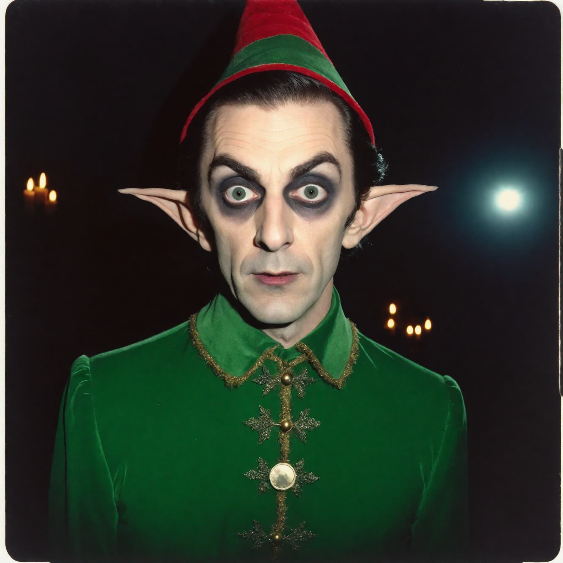 AI generated: A disturbing polaroid picture of a man dressed as a sinister elf, full body shot, deadpan expression...