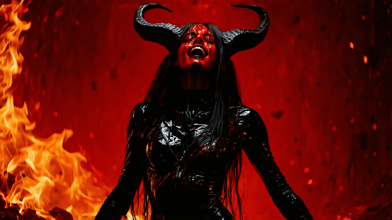 AI generated: close-up portrait of a female red demon, bathed in a warm, golden glow reminiscent of a sunset over ...