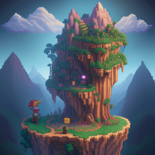 AI generated: terraria like graphick, high pixeleted picture,2d pixel art, more like pixel art, bolnd hair girl, g...