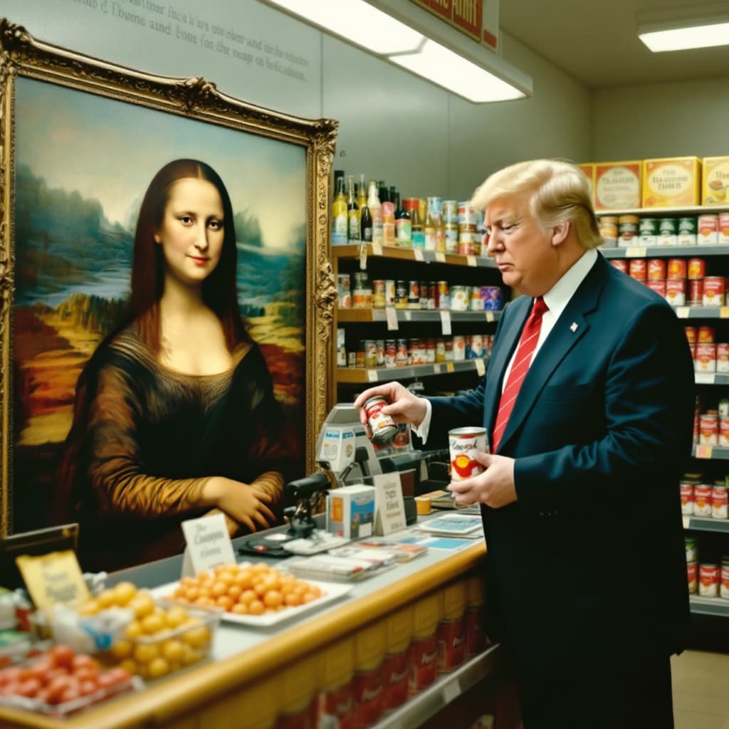 AI generated: Imagine a store where Mona Lisa sits behind the checkout and serves customers. Donald Trump stands i...