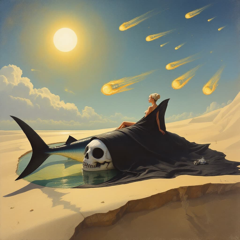 AI generated: 
Artístico, Pintura al óleo, Surrealista  al estilo de Salvador Dalí  Una playa desierta on un acant...