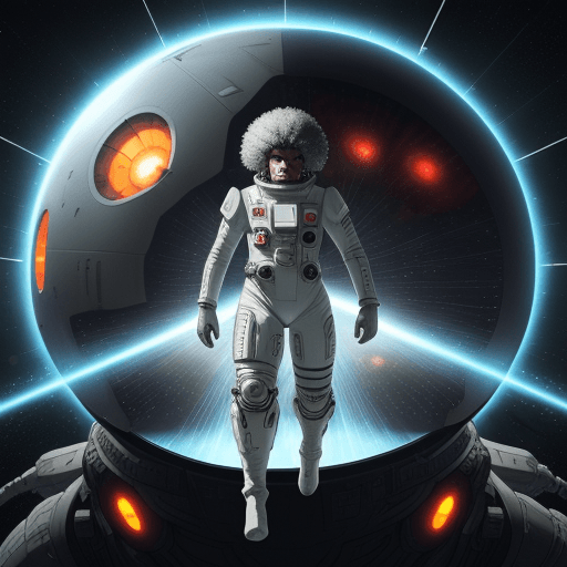 AI generated: Afro man in spacesuit, spaceship inside, Tsutomu Nihei style, Sidonia no Kishi, gigantism, laser gen...