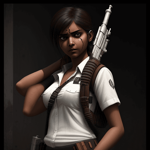 AI generated: an indian girl with white shirt and gun, in the style of comic book-style art, rendered in maya, jun...