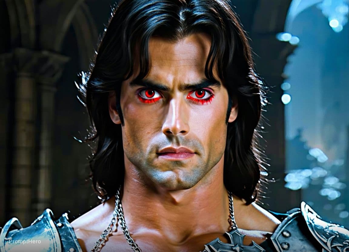 AI generated: A half body Art Poster of Simon Belmont as a Vampire from Castlevania, fantasy Goth style, muscular,...