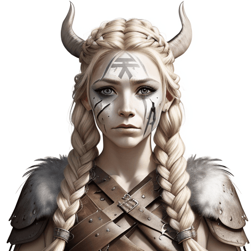 AI generated: drawing of a Viking warrior woman with braided hair, wearing war paint on her face, feathers in her ...