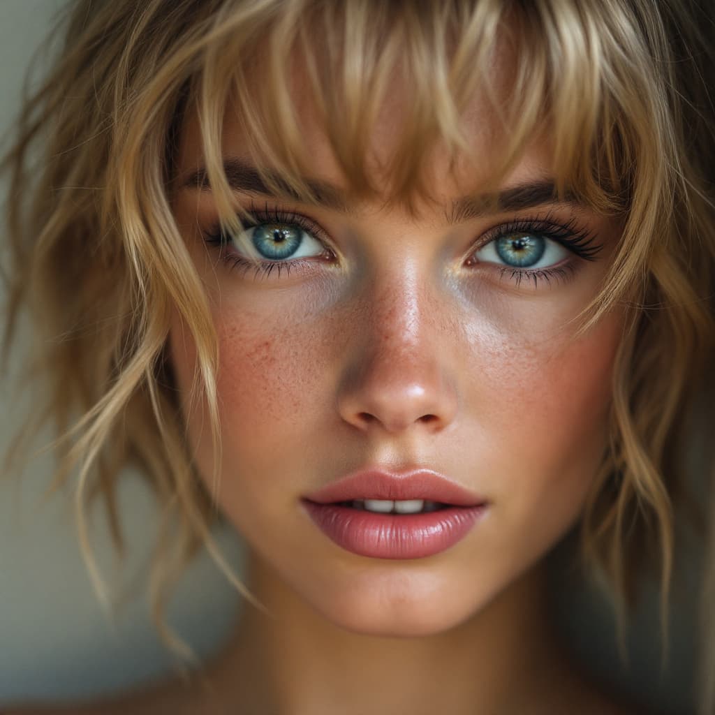 AI generated: young blonde girl, 20 years of age, blond short hair framing face, 


