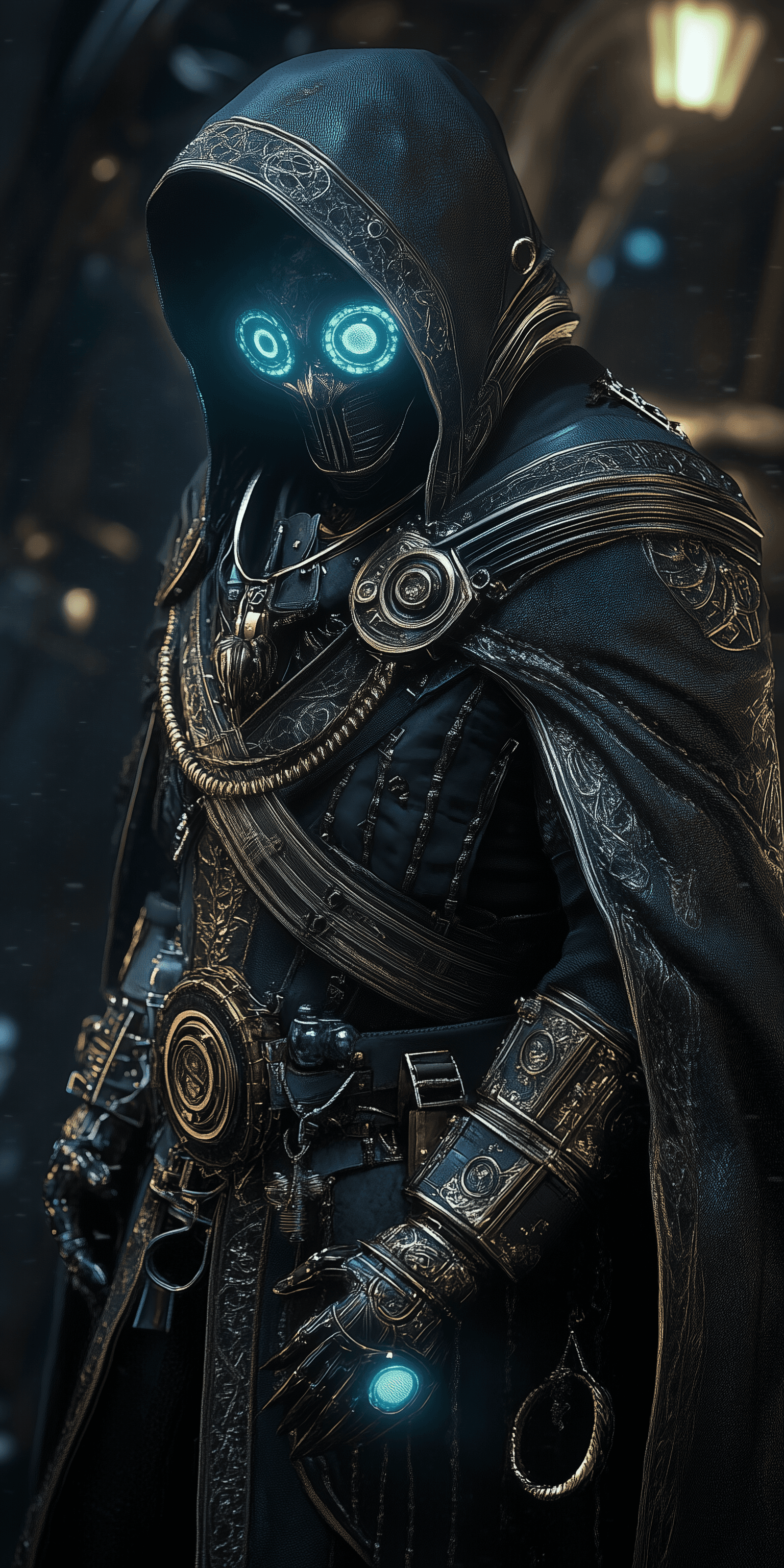 AI generated: Dark, mysterious figure, likely adult male, with unknown ethnicity, wearing elaborate, ornate dark-b...
