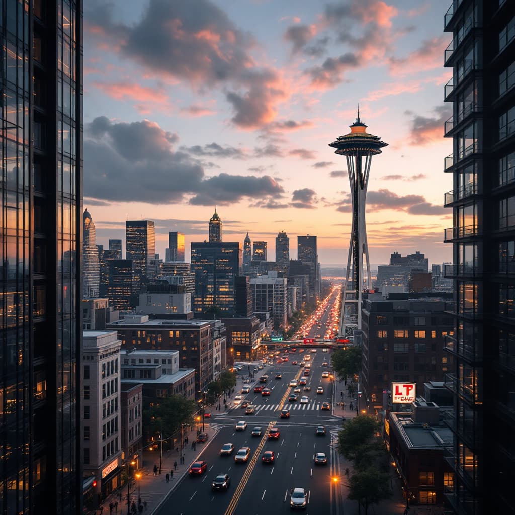 AI generated: Hyper realistic  exterior photo from a The CAMERA that now descends towards Seattle, traversing the ...