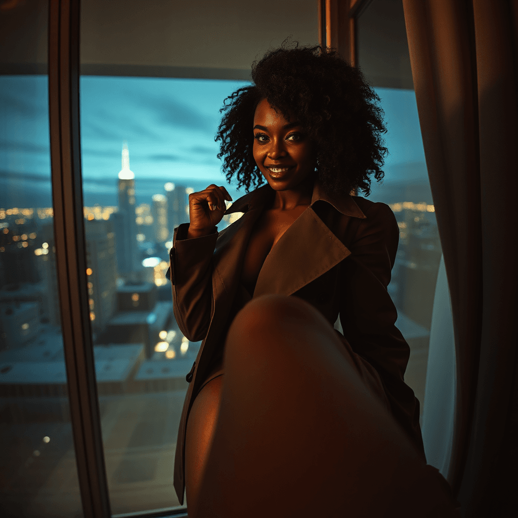 AI generated: A beautiful afro is posed by the penthouse window at night. The scene is close-up, featuring a sugge...