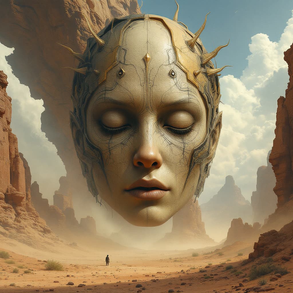 AI generated: large humanoid face with detailed and complex facial in the desert, a fantasy landscape in the style...