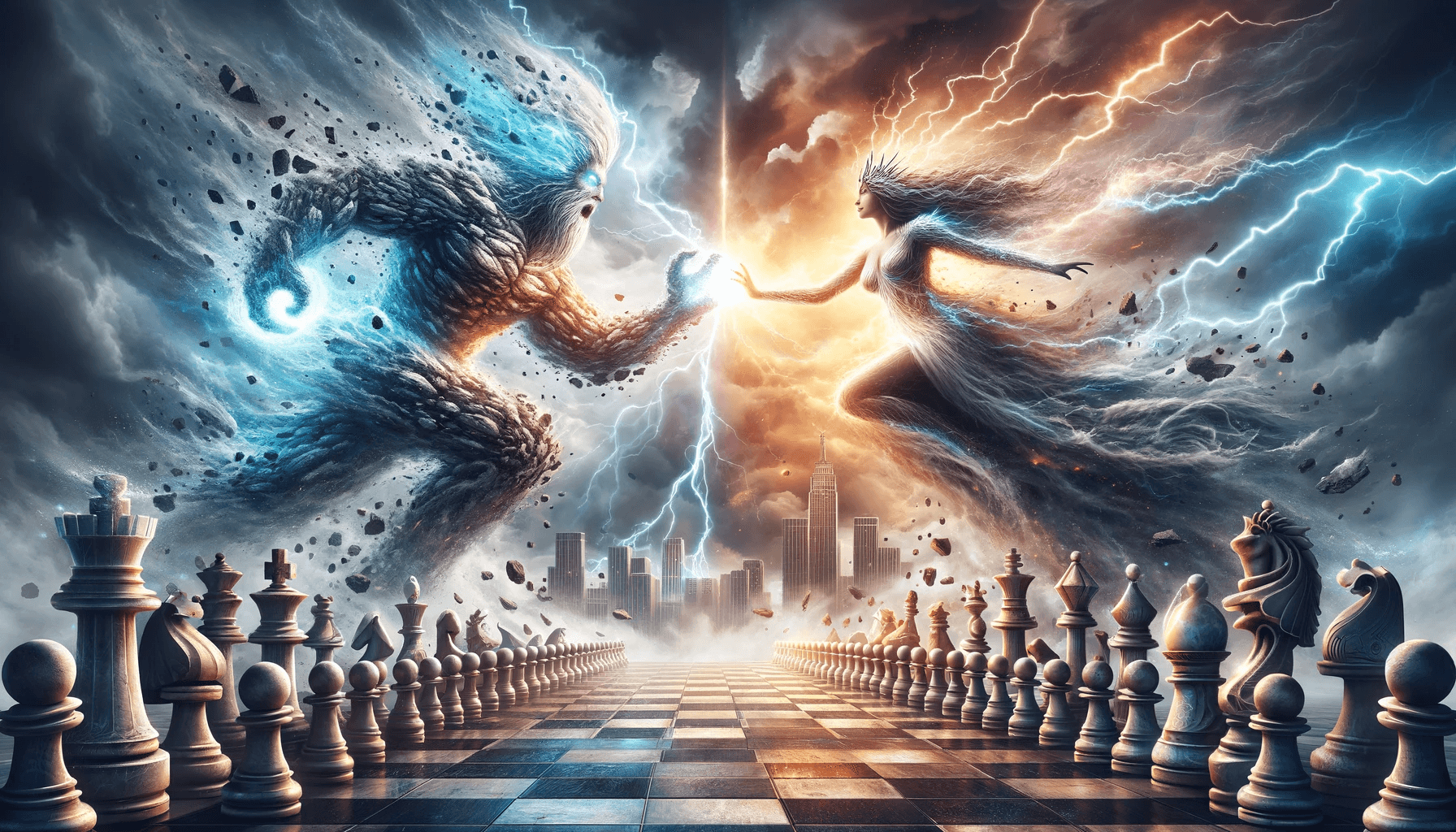 AI generated: An epic digital painting depicting a clash between a monumental elemental figure and a radiant queen...