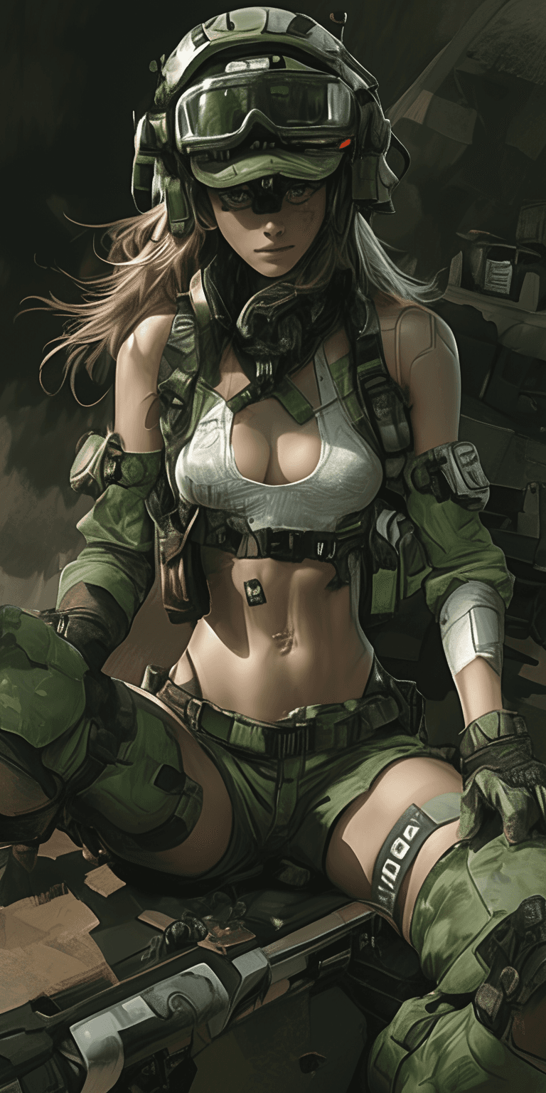 AI generated: A female figure in green tactical gear, including a helmet and goggles, sits atop a military vehicle...