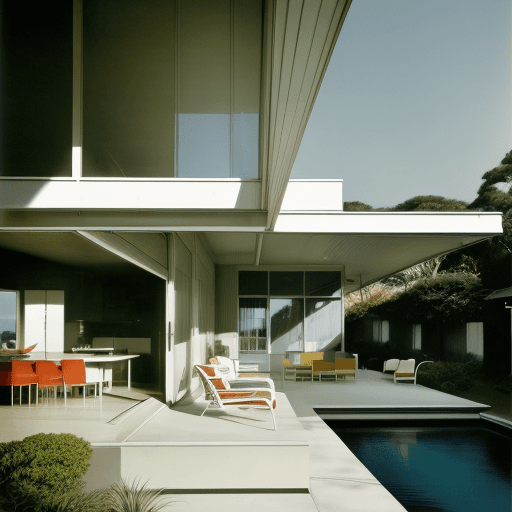 AI generated: Hyper realistic eye level exterior photo of a mid century modern style house overlooking the ocean, ...