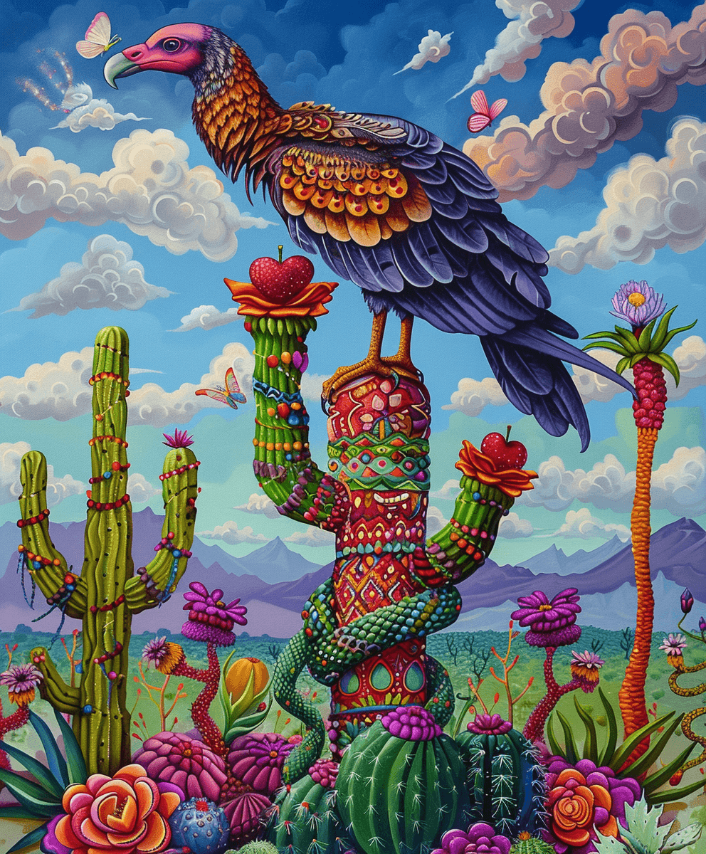 AI generated: A vulture in the sky, a cactus with heart shaped fruit below it on the earth, a snake wrapped around...