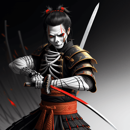 AI generated: samurai with sword in hand, close range, many lacerations, with unreal machine style 5, dark white a...