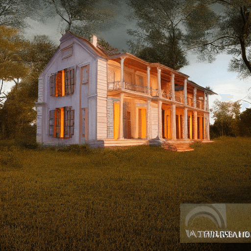 AI generated: a realistic photo, of a house, where walls are made of windows, in colonial style, at sunset in the ...