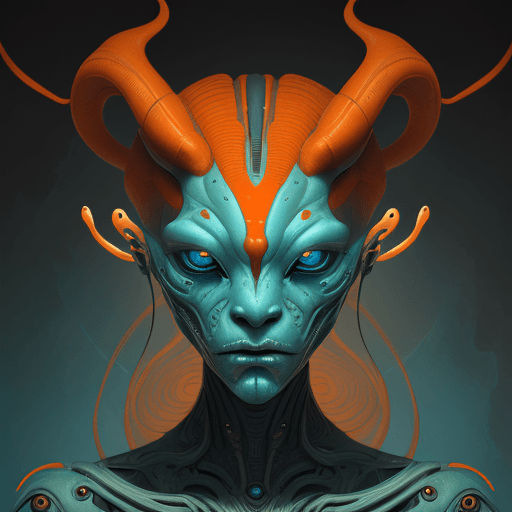 AI generated: alien cyborg art and illustration by theo el, in the style of balanced symmetry, light orange and cy...