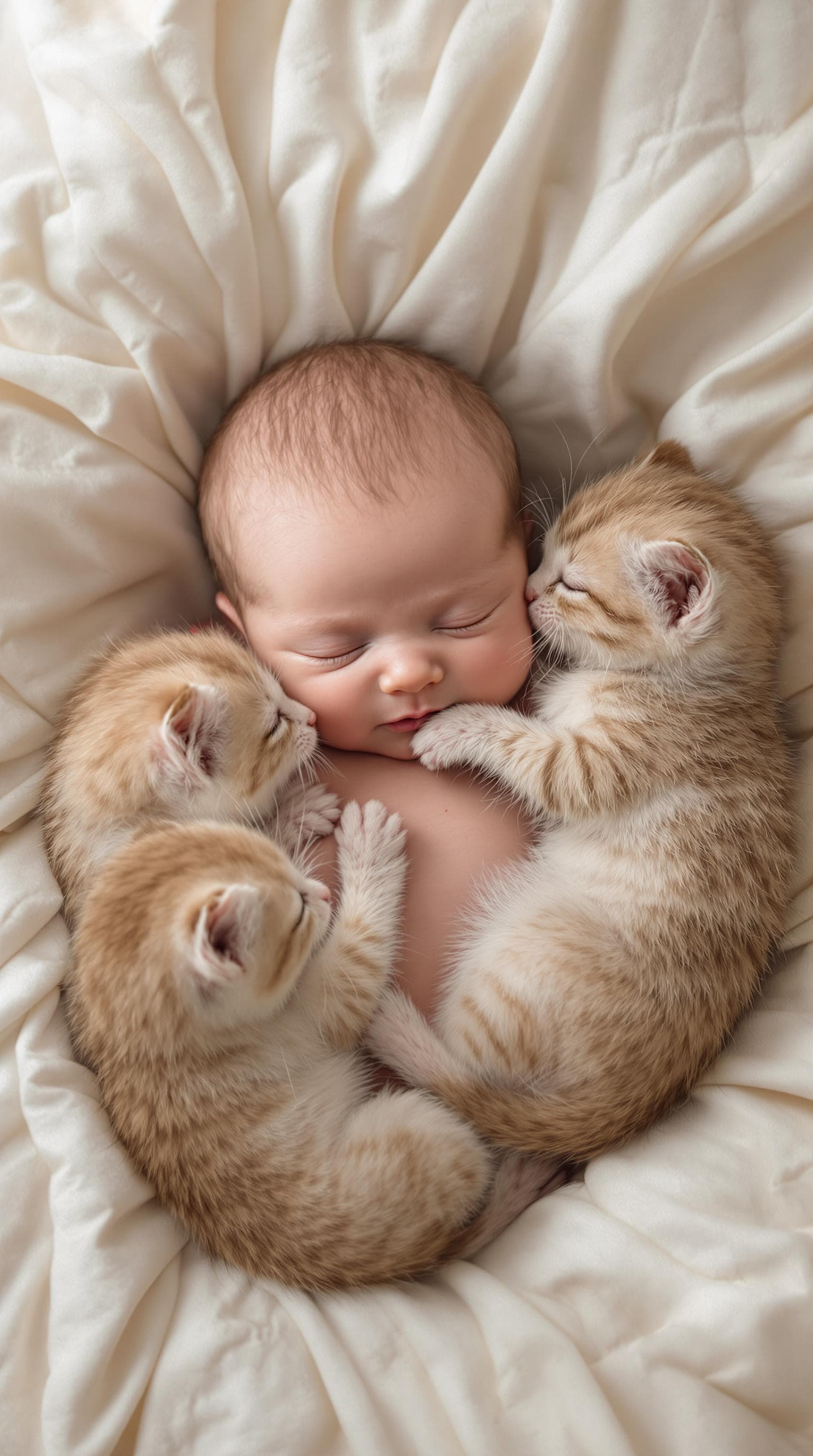AI generated: an ultra realistic Heartwarming intimate scene of 4-5 small kittens snuggling and nuzzling with a pe...