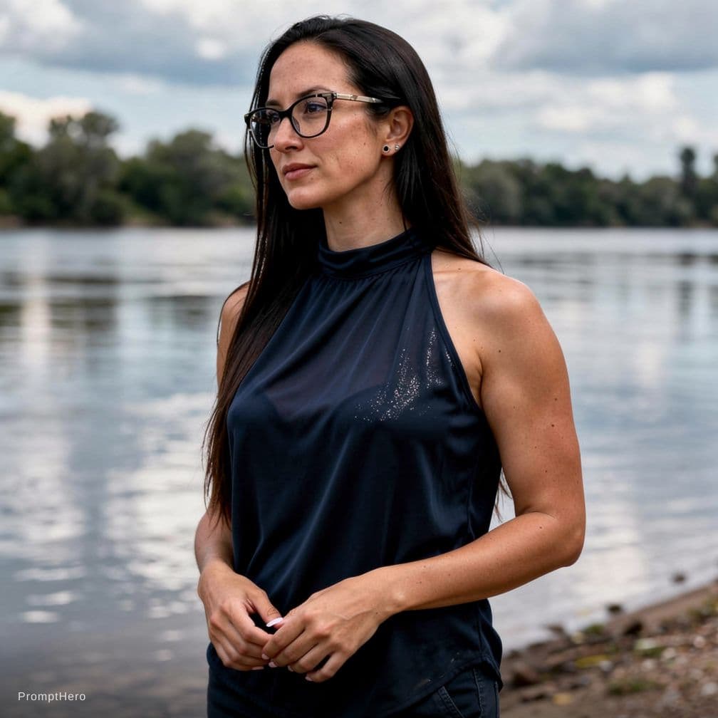 AI generated: Create a photorealistic portrait of a fit adult woman standing by a riverbank. She has long brown ha...